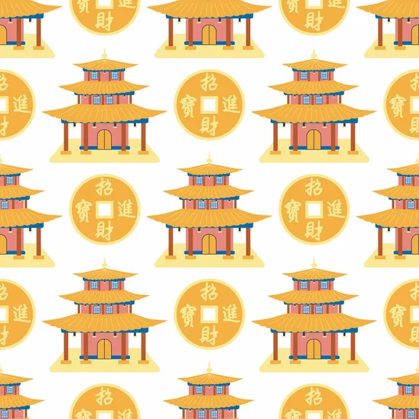 Cartoon Chinese House Seamless Pattern Chinese Symbols Coin Hieroglyphs Yin — стоковый вектор