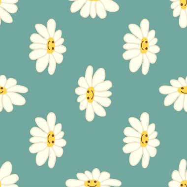 Papatya çayı gülüşü 1970 model. Havalı papatya retro pürüzsüz desen. Olumlu renkli iilüstrasyon. 70 'lerin titreşimli hippi süsü. Çiçek duvar kağıdı