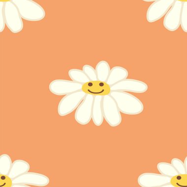 Papatya çayı gülüşü 1970 model. Havalı papatya retro pürüzsüz desen. Olumlu renkli iilüstrasyon. 70 'lerin titreşimli hippi süsü. Çiçek duvar kağıdı