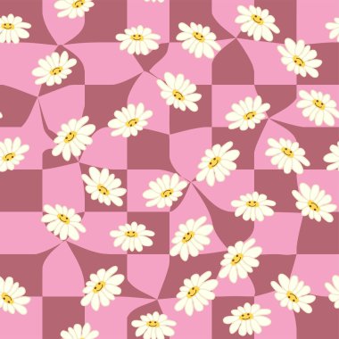 Retro Smile Papatya Deseni 1970 Dalgalı Girdap Deseni 'nde kusursuz desen. Hippi estetiği. Çiçek duvar kağıdı