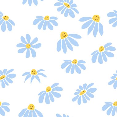 Havalı papatya retro pürüzsüz desen. Retro Smile Papatya çayı. 70 'lerin titreşimli hippi süsü. Çiçek duvar kağıdı.