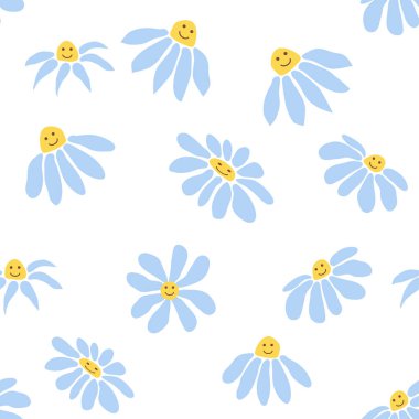 Havalı papatya retro pürüzsüz desen. Retro Smile Papatya çayı. 70 'lerin titreşimli hippi süsü. Çiçek duvar kağıdı.