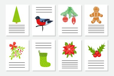 Noel seti ya da davetiye. Yeni yıl sembollü kartpostallar, Noel ağacı, kar taneleri, hediyeler, şeker kamışı, kızak ve daha fazlası..