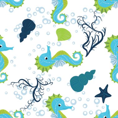 Şirin denizatları çizgi filmlerde kusursuz desen. El yapımı okyanus hayvanları. Deniz sahili, deniz hayatı, su altı akvaryum baskısı..