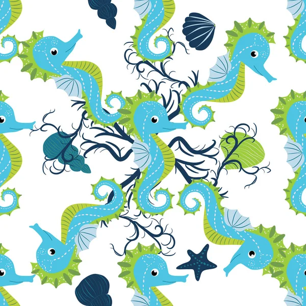 Şirin denizatları çizgi filmlerde kusursuz desen. El yapımı okyanus hayvanları. Deniz sahili, deniz hayatı, su altı akvaryum baskısı..