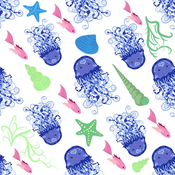 Jellyfish animals bright seamless patterns. Seamless pattern with detailed jellyfish. cute hand drawn fishes and jellyfishes in doodle style. Trendy nursery background.