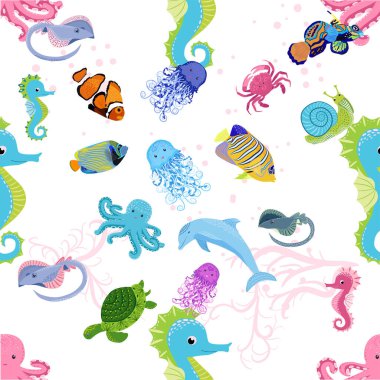 Deniz hayatı, balıklar, hayvanlar parlak, pürüzsüz desenler. Deniz yolculuğu, sualtı dalış yapan tropikal balıklar. Denizanası, balina, köpekbalığı, denizatı, palyaço balığı, yunus, kaplumbağa imparatoru balık ahtapot vatoz vatozu
