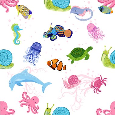 Deniz hayatı, balıklar, hayvanlar parlak, pürüzsüz desenler. Deniz yolculuğu, sualtı dalış yapan tropikal balıklar. Denizanası, balina, köpekbalığı, denizatı, palyaço balığı, yunus, kaplumbağa imparatoru balık ahtapot vatoz vatozu