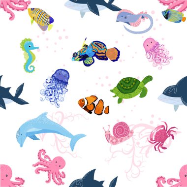 Deniz hayatı, balıklar, hayvanlar parlak, pürüzsüz desenler. Deniz yolculuğu, sualtı dalış yapan tropikal balıklar. Denizanası, balina, köpekbalığı, denizatı, palyaço balığı, yunus, kaplumbağa imparatoru balık ahtapot vatoz vatozu