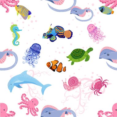 Deniz hayatı, balıklar, hayvanlar parlak, pürüzsüz desenler. Deniz yolculuğu, sualtı dalış yapan tropikal balıklar. Denizanası, balina, köpekbalığı, denizatı, palyaço balığı, yunus, kaplumbağa imparatoru balık ahtapot vatoz vatozu