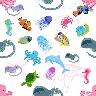 Deniz hayatı, balıklar, hayvanlar parlak, pürüzsüz desenler. Deniz yolculuğu, sualtı dalış yapan tropikal balıklar. Denizanası, balina, köpekbalığı, denizatı, palyaço balığı, yunus, kaplumbağa imparatoru balık ahtapot vatoz vatozu