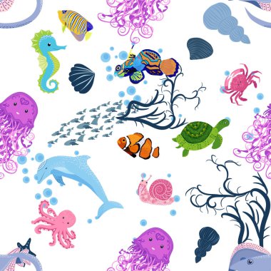 Deniz hayatı, balıklar, hayvanlar parlak, pürüzsüz desenler. Deniz yolculuğu, sualtı dalış yapan tropikal balıklar. Denizanası, balina, köpekbalığı, denizatı, palyaço balığı, yunus, kaplumbağa imparatoru balık ahtapot vatoz vatozu