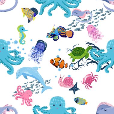 Deniz hayatı, balıklar, hayvanlar parlak, pürüzsüz desenler. Deniz yolculuğu, sualtı dalış yapan tropikal balıklar. Denizanası, balina, köpekbalığı, denizatı, palyaço balığı, yunus, kaplumbağa imparatoru balık ahtapot vatoz vatozu