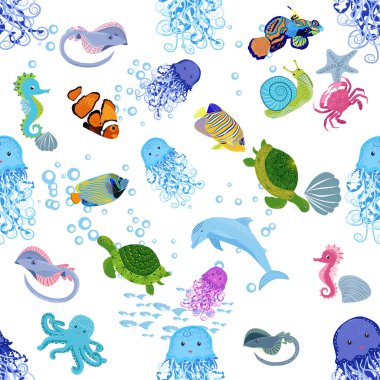 Deniz hayatı, balıklar, hayvanlar parlak, pürüzsüz desenler. Deniz yolculuğu, sualtı dalış yapan tropikal balıklar. Denizanası, balina, köpekbalığı, denizatı, palyaço balığı, yunus, kaplumbağa imparatoru balık ahtapot vatoz vatozu