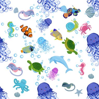 Deniz hayatı, balıklar, hayvanlar parlak, pürüzsüz desenler. Deniz yolculuğu, sualtı dalış yapan tropikal balıklar. Denizanası, balina, köpekbalığı, denizatı, palyaço balığı, yunus, kaplumbağa imparatoru balık ahtapot vatoz vatozu