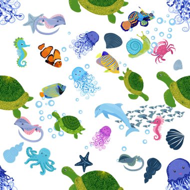 Deniz hayatı, balıklar, hayvanlar parlak, pürüzsüz desenler. Deniz yolculuğu, sualtı dalış yapan tropikal balıklar. Denizanası, balina, köpekbalığı, denizatı, palyaço balığı, yunus, kaplumbağa imparatoru balık ahtapot vatoz vatozu