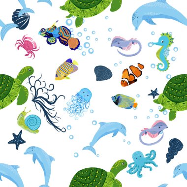 Deniz canlılarının kusursuz desenleri, deniz kabukları, deniz yosunu, denizyıldızı, deniz hayvanları ve vahşi yaşam arasında güzel bir karakter..