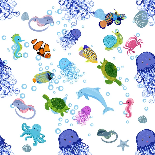 Морская Жизнь Рыба Животные Яркий Бесшовный Узор Морские Путешествия Подводное — стоковый вектор