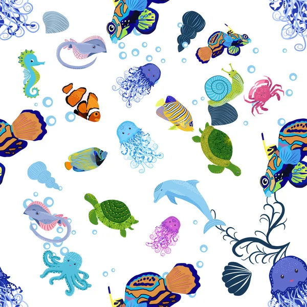 Marine Life Fish Animals Bright Seamless Pattern Sea Travel Underwater — Stock Vector