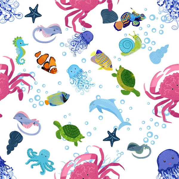 Życie Morskie Ryby Zwierzęta Jasny Płynny Wzór Podróże Morskie Podwodne — Wektor stockowy