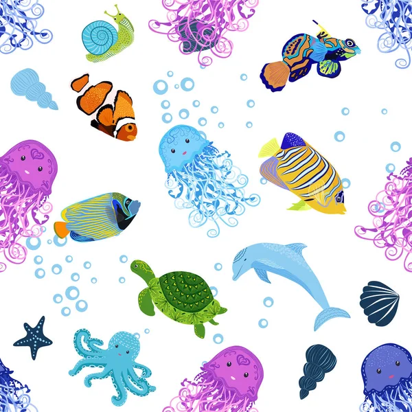 海洋生物 明亮无缝的图案 海洋旅行 水下潜水动物热带鱼 小丑鱼 帝王鱼 — 图库矢量图片