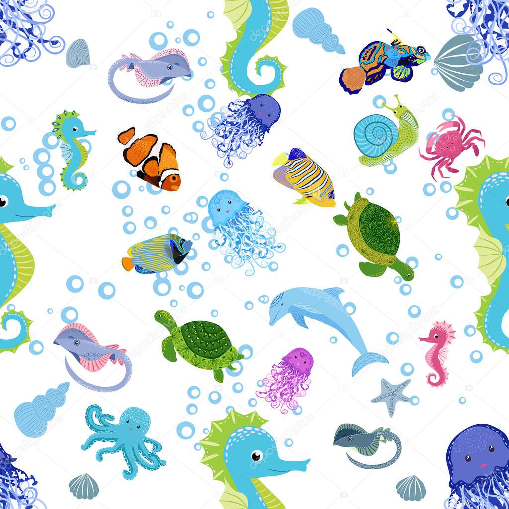Marine life, fish, animals bright seamless pattern. sea travel, underwater diving animal tropical fish. Jellyfish, whale, shark, seahorse, clown fish, dolphin, turtle emperor fish octopus stingray