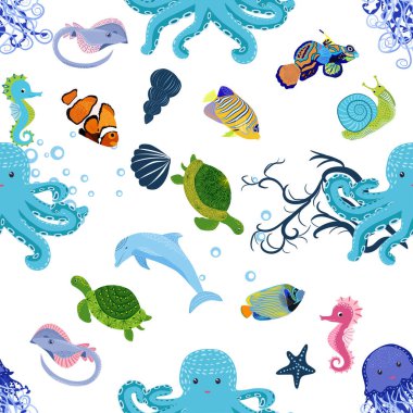 Deniz hayatı, balıklar, hayvanlar parlak, pürüzsüz desenler. Deniz yolculuğu, sualtı dalış yapan tropikal balıklar. Denizanası, balina, köpekbalığı, denizatı, palyaço balığı, yunus, kaplumbağa imparatoru balık ahtapot vatoz vatozu