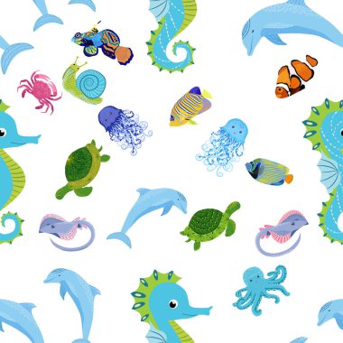 Deniz canlılarının kusursuz desenleri, deniz kabukları, deniz yosunu, denizyıldızı, deniz hayvanları ve vahşi yaşam arasında güzel bir karakter..