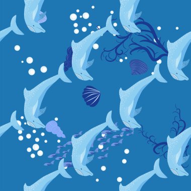 Yunus, deniz sakinleri kusursuz desen, deniz kabukları, algler, denizyıldızı, deniz yaban hayatı arasında güzel bir karakter..