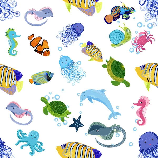 Marine Life Fish Animals Bright Seamless Pattern Sea Travel Underwater — Stock Vector