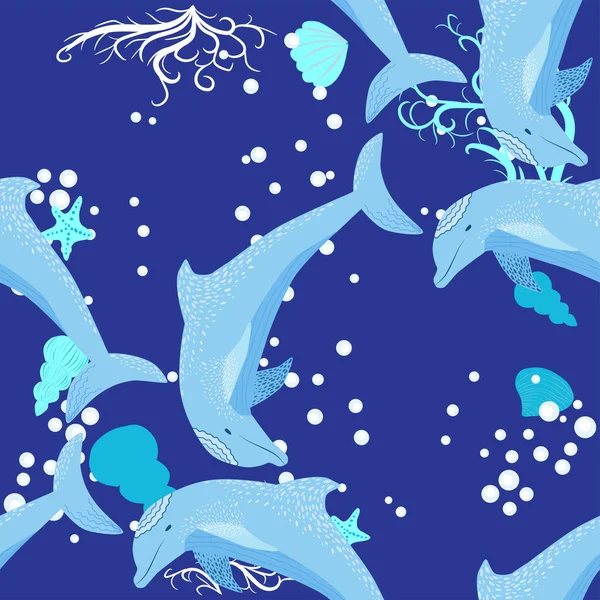 Dolphin Sea Inhabitants Seamless Pattern Beautiful Character Seashells Algae Starfish — Stock Vector