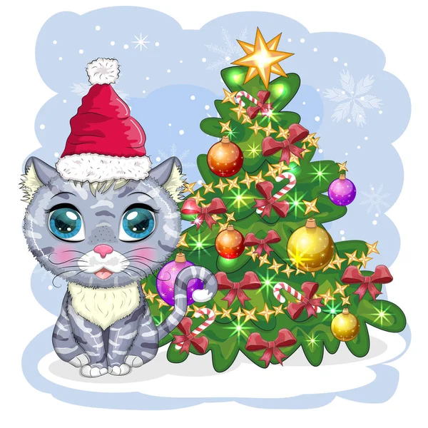 Lindo Gato Dibujos Animados Sombrero Santa Cerca Del Árbol Navidad — Vector de stock
