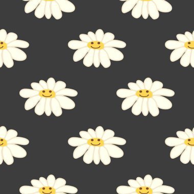 Papatya çayı gülüşü 1970 model. Havalı papatya retro pürüzsüz desen. Olumlu renkli iilüstrasyon. 70 'lerin titreşimli hippi süsü. Çiçek duvar kağıdı