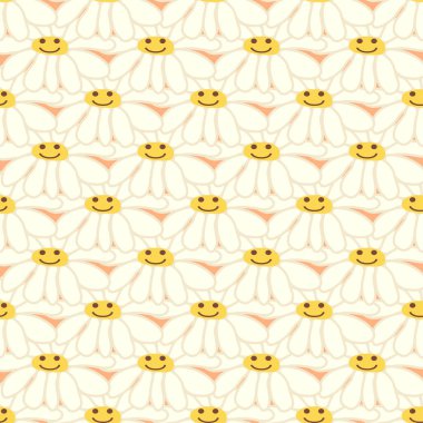 Papatya çayı gülüşü 1970 model. Havalı papatya retro pürüzsüz desen. Olumlu renkli iilüstrasyon. 70 'lerin titreşimli hippi süsü. Çiçek duvar kağıdı