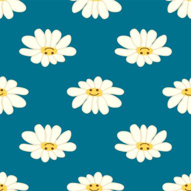 Papatya çayı gülüşü 1970 model. Havalı papatya retro pürüzsüz desen. Olumlu renkli iilüstrasyon. 70 'lerin titreşimli hippi süsü. Çiçek duvar kağıdı