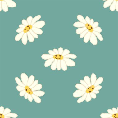 Papatya çayı gülüşü 1970 model. Havalı papatya retro pürüzsüz desen. Olumlu renkli iilüstrasyon. 70 'lerin titreşimli hippi süsü. Çiçek duvar kağıdı