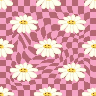 Retro Smile Papatya Deseni 1970 Dalgalı Girdap Deseni 'nde kusursuz desen. Hippi estetiği. Çiçek duvar kağıdı