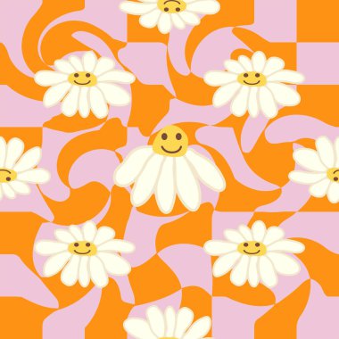 Retro Smile Papatya Deseni 1970 Dalgalı Girdap Deseni 'nde kusursuz desen. Hippi estetiği. Çiçek duvar kağıdı