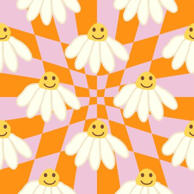 Retro Smile Papatya Deseni 1970 Dalgalı Girdap Deseni 'nde kusursuz desen. Hippi estetiği. Çiçek duvar kağıdı