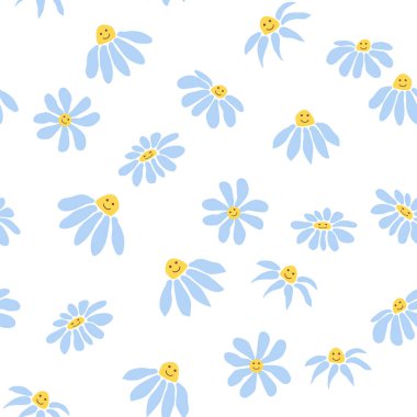 Havalı papatya retro pürüzsüz desen. Retro Smile Papatya çayı. 70 'lerin titreşimli hippi süsü. Çiçek duvar kağıdı.