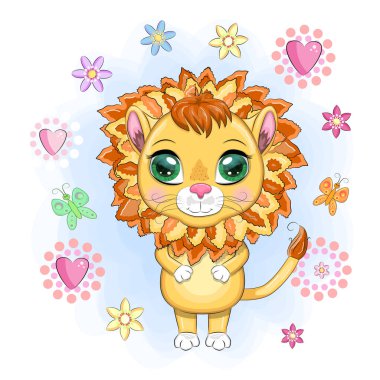 Çizgi film aslanı, çiçekli anlamlı gözleri var. Vahşi hayvanlar, karakter, çocuksu şirin bir tarz.