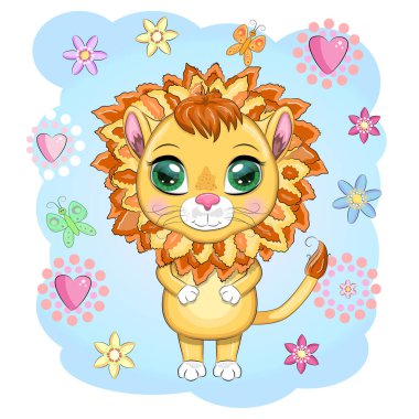 Çizgi film aslanı, çiçekli anlamlı gözleri var. Vahşi hayvanlar, karakter, çocuksu şirin bir tarz.