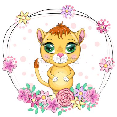 Çizgi film dişi aslanı, etkileyici gözleri var. Vahşi hayvanlar, karakter, çocuksu şirin bir tarz.