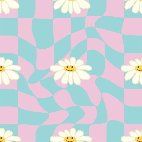 Retro Smile Chamomile Seamless Pattern 1970 Wavy Swirl Seamless Pattern — Stock Vector