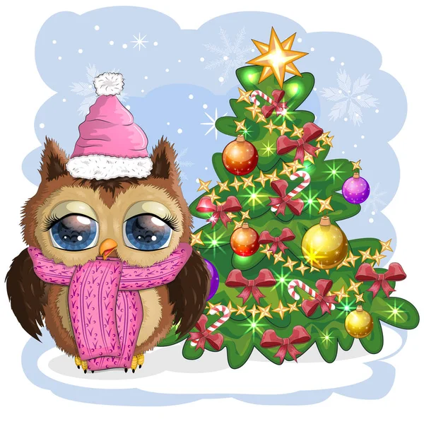 Cartão Natal Coruja Bonito Dos Desenhos Animados Com Árvore Natal — Vetor de Stock