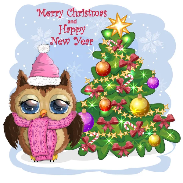 Carte Vœux Chouette Dessin Animé Mignonne Avec Arbre Noël — Image vectorielle