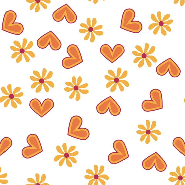 Love Heart Daisies Waves Positivity Retro 70S Seamless Pattern Yellow — Stock Vector