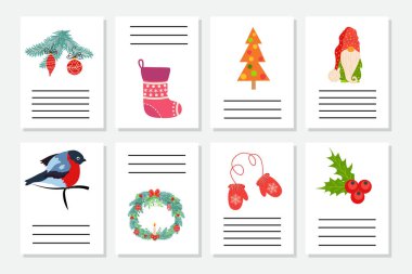 Noel seti ya da davetiye. Yeni yıl sembollü kartpostallar, Noel ağacı, kar taneleri, hediyeler, şeker kamışı, kızak ve daha fazlası..