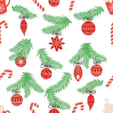 Köknar dallarıyla kusursuz noel şablonu. Süslü arka plan. Noel ve Noel oyuncakları ve hediyelerle dolu kusursuz yeni yıl şablonu. Moda retro biçimi