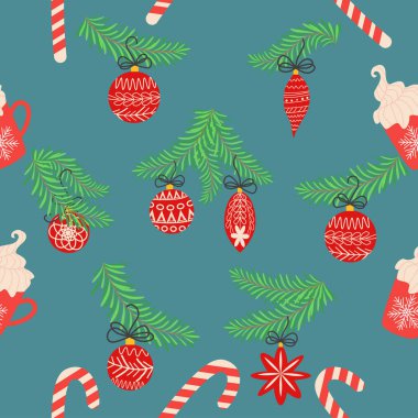 Köknar dallarıyla kusursuz noel şablonu. Süslü arka plan. Noel ve Noel oyuncakları ve hediyelerle dolu kusursuz yeni yıl şablonu. Moda retro biçimi